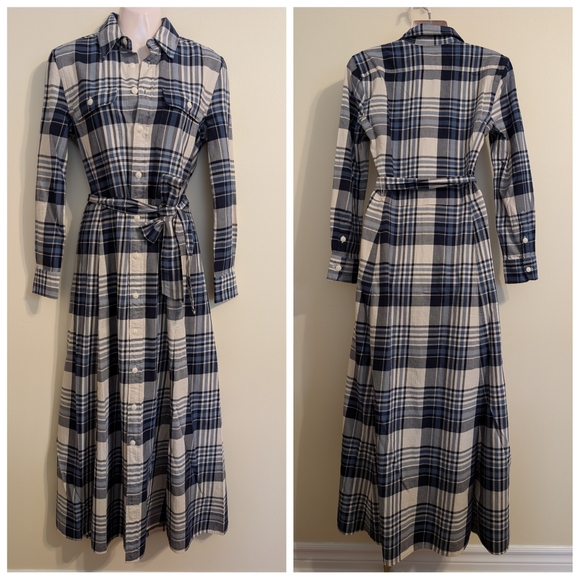 Polo Ralph Lauren Plaid Cotton Twill Shirtdress Maxi Dress 0 Blue White - Picture 5 of 12